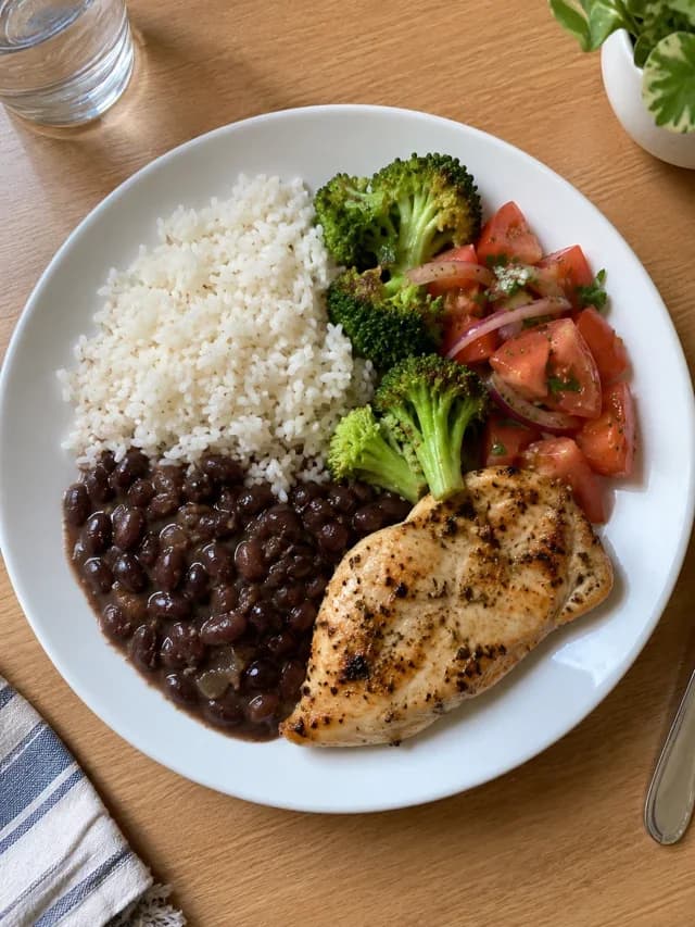 Prato com arroz, feijão, frango e vegetais