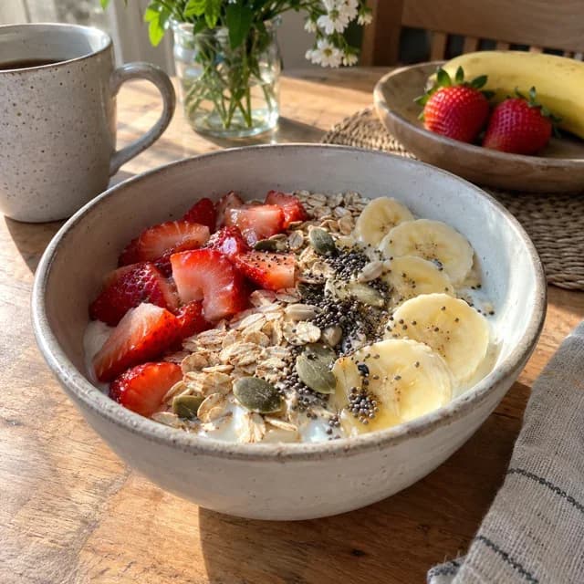 Tigela de iogurte com frutas e aveia