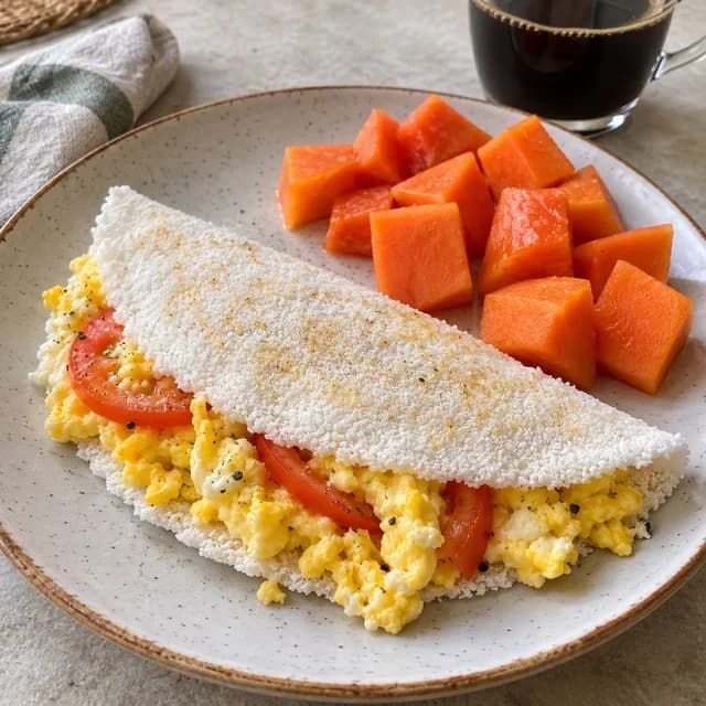 Tapioca com ovos mexidos e tomate, acompanhada de mamão