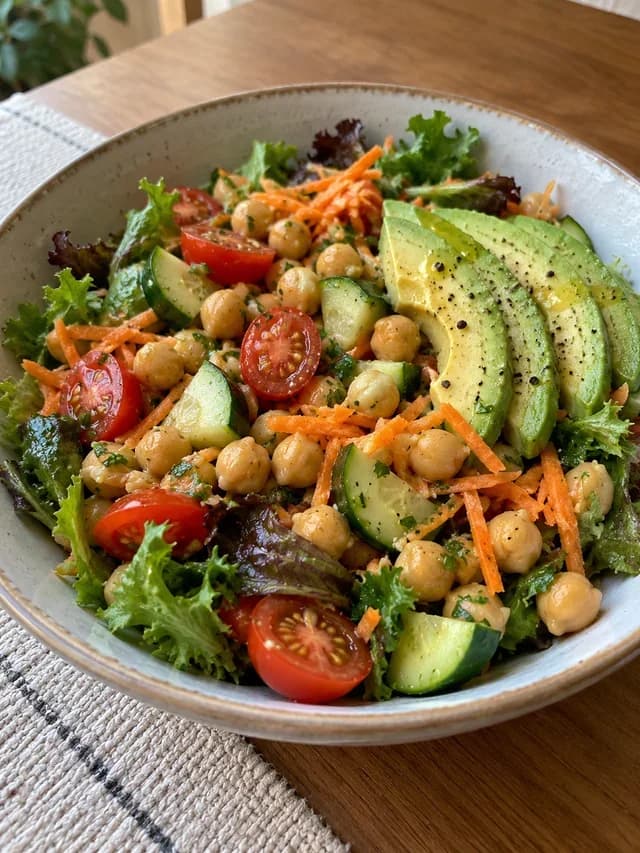 Salada de grão-de-bico com folhas, pepino, tomate, cenoura e abacate