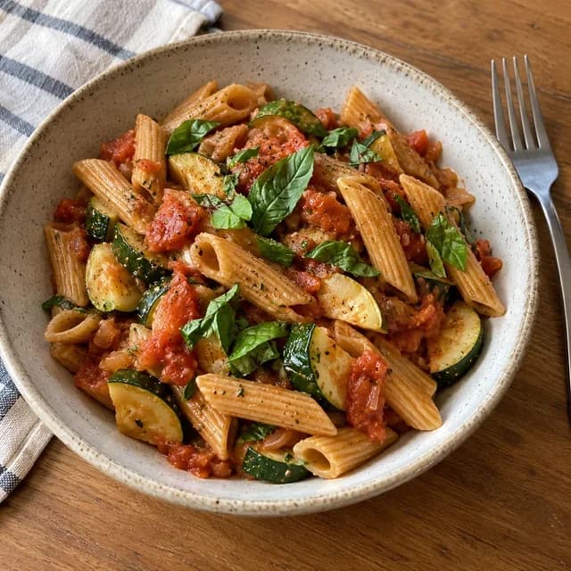 Macarrão integral com molho de tomate, abobrinha e manjericão