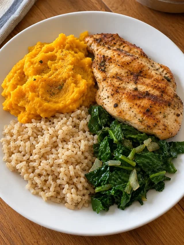 Frango grelhado com purê de abóbora, arroz integral e couve
