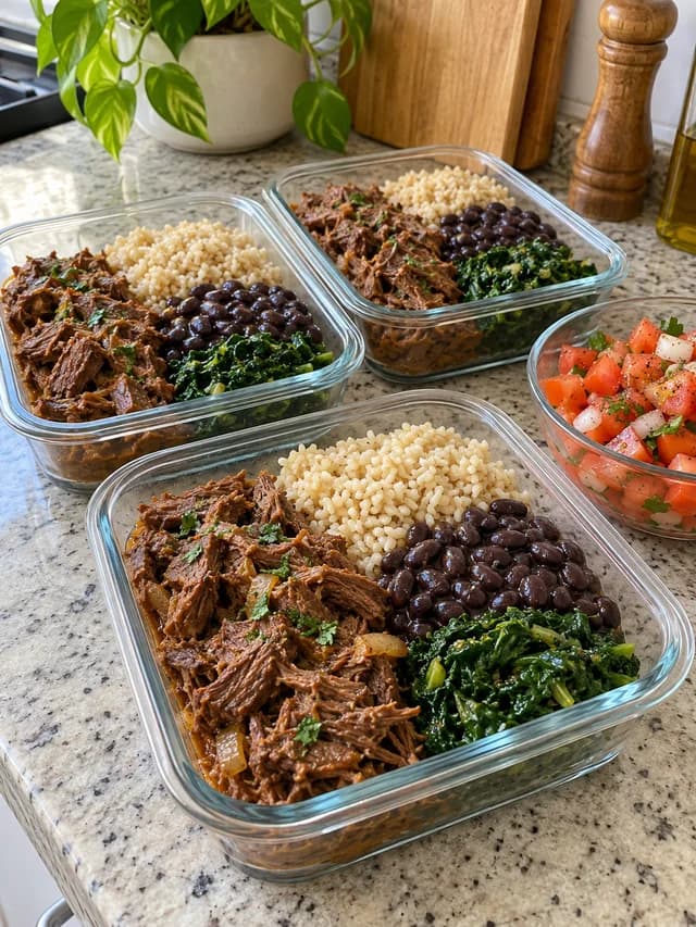 Marmitas de carne, arroz, feijão e couve para a semana