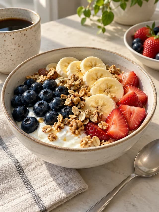 Iogurte com mirtilos, banana, morango e granola