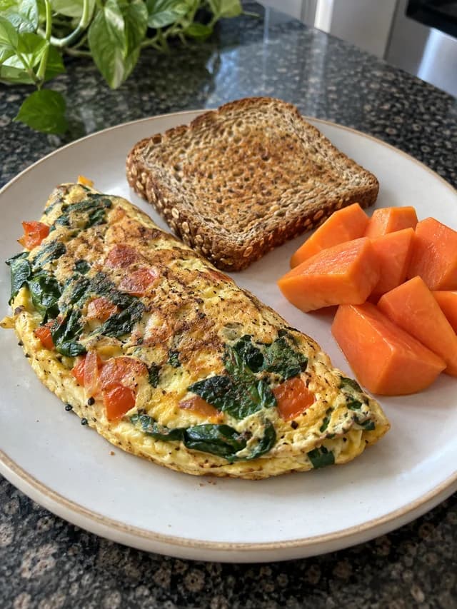 Omelete de espinafre e tomate com pão integral e mamão