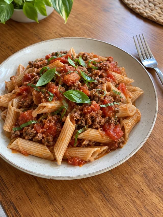 Macarrão integral com molho de tomate e carne