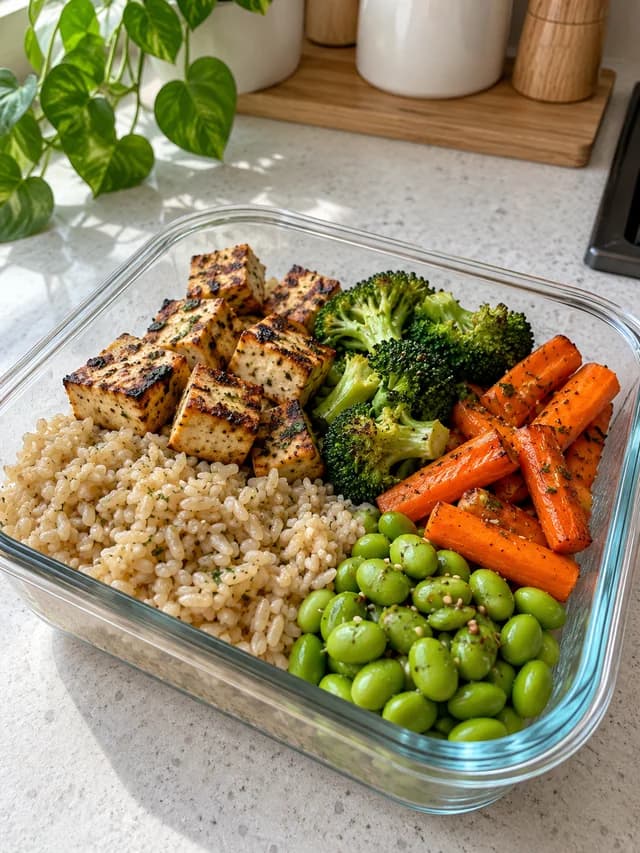 Marmita de tofu grelhado, arroz integral e legumes