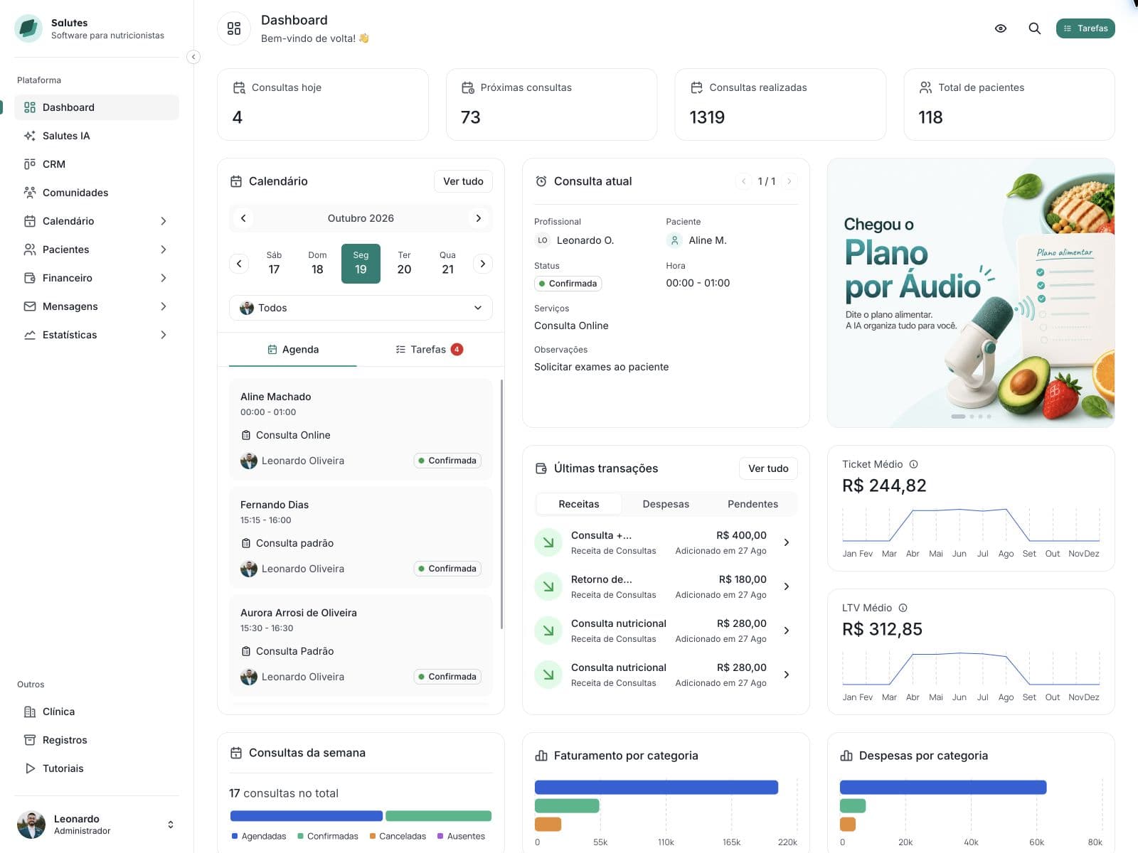 Painel da Salutes com agenda, consultas e gestão de pacientes em um iPad Pro