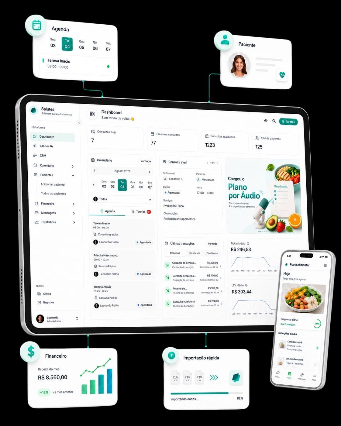 Painel da Salutes com calendário, consultas e resumo da clínica